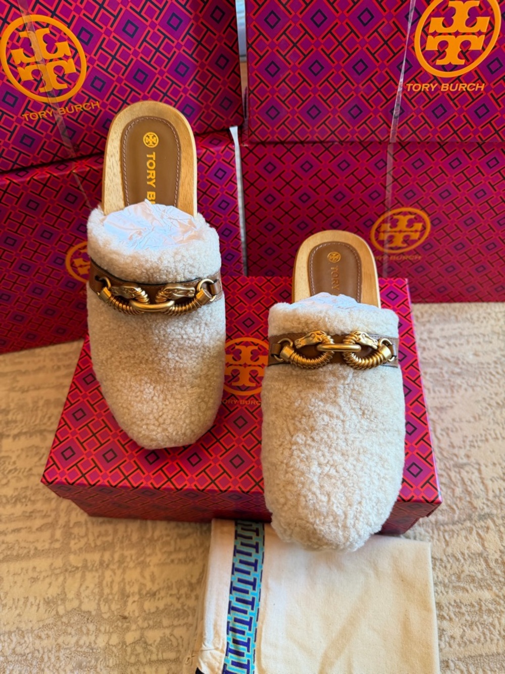 Tory Burch Cream Shearling Slide Mules with Gold Chain